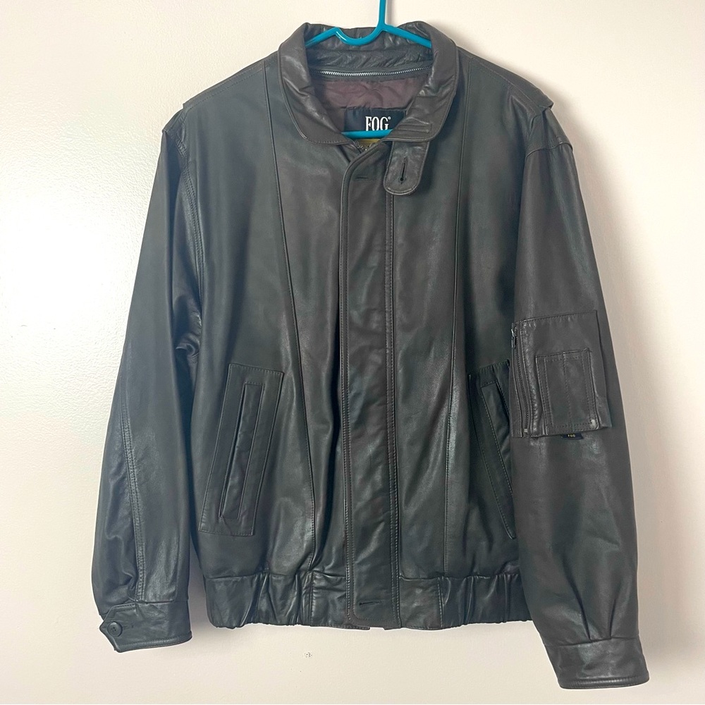 London Fog Leather Coat Zip and Button Zip Out Lining Brown 48